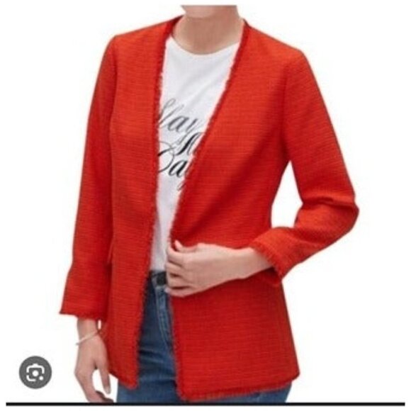 Banana Republic Red Textured Lined Fringe Oversized Love Medium Petite Blazer - Picture 1 of 8